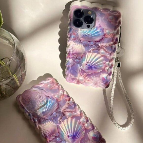 Iphone 16 15 14 13 Colorful Seashell Glossy iPhone Case with Curly Wave Border - Picture 3 of 7